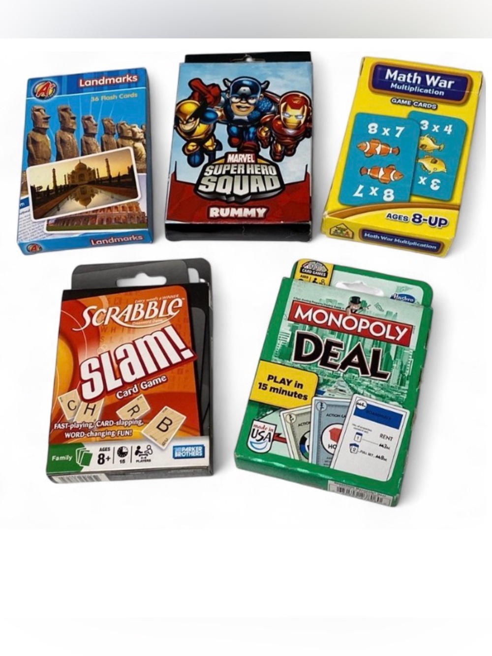 Hasbro Scrabble Slam Monopoly Deal Marvel Rummy Math & Landmarks Games Bundle